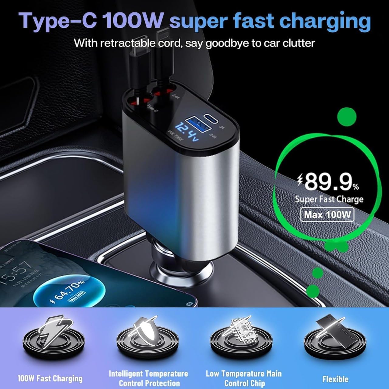 Retractable Car Charger | 120W Car Charger | 180° Adjustable Type C & iPhone Car Adapter